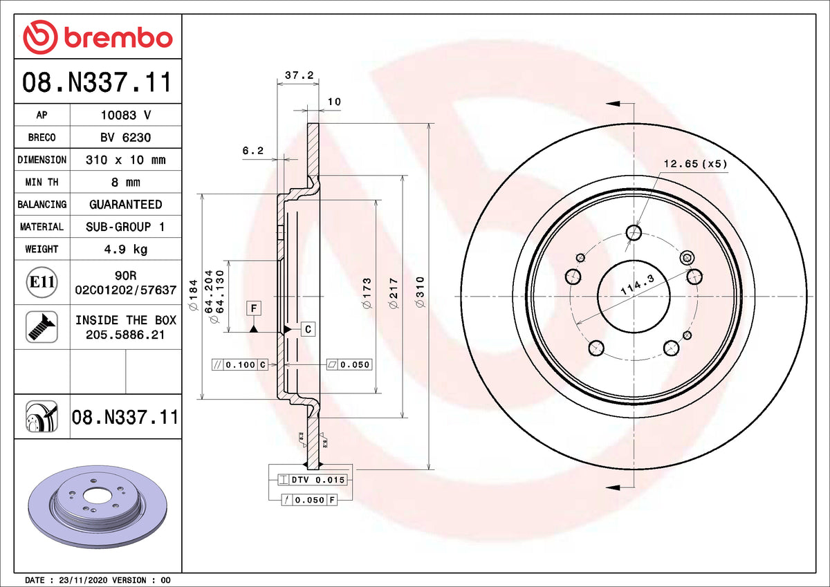 Disco de Freno Trasero BREMBO D1259 Honda Cr-V (Eu) V 2017-2023 . - imagen 2