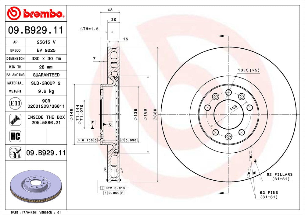 Disco de Freno Delantero BREMBO D1099 Peugeot 308 1.6 Gt 14/21 / 3008 Hybrid 19 . - imagen 3