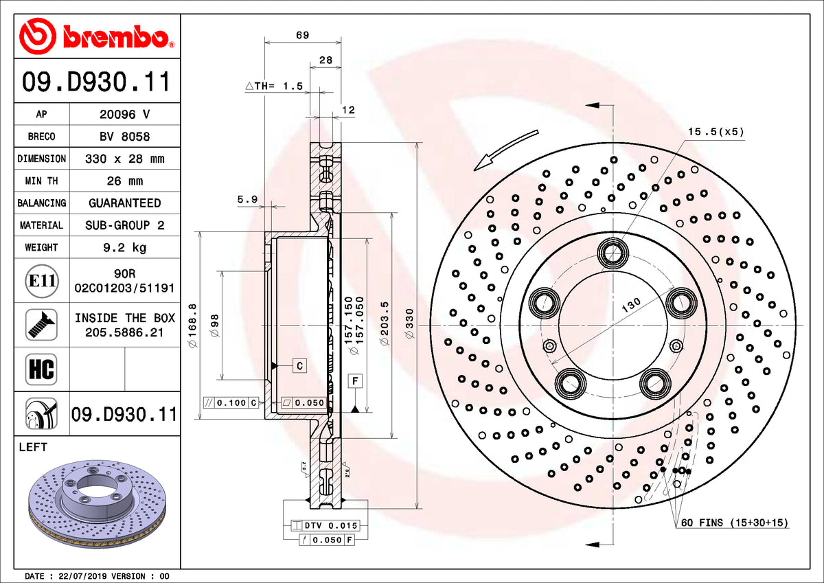 Disco de Freno Delantero BREMBO D1385 Porsche Boxter/Cayman 16-/ 911 (991/997) 04-20/Cayman(981)13- . Izq. - imagen 2